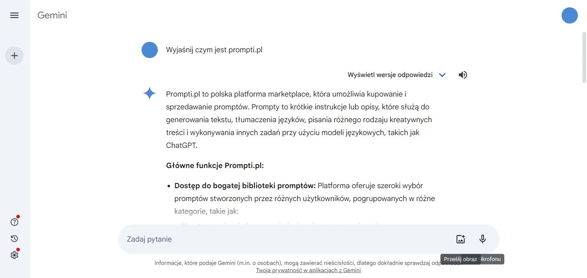 Przykładowa odpowiedź Gemini w przeglądarce Google Chrome