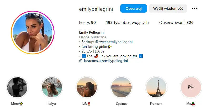 Wirtualna modelka AI, czyli Emily Pellegrini - profil na Instagramie