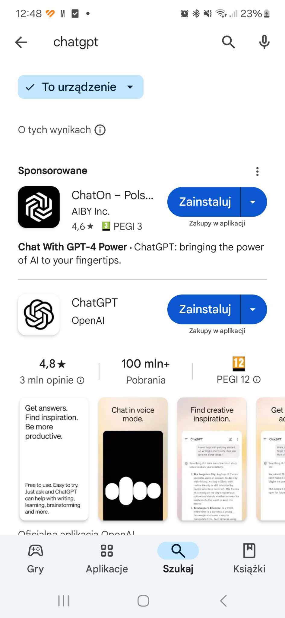 Widok oficjalnej aplikacji ChatuGPT i sponsorowanego odpowiednika